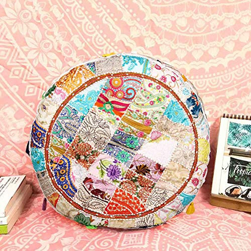 Casa Moro XXL Patchwork Yogakissen Lali Groß Beige Ø 78cm x Höhe 10cm rund mit Füllung | Indisches Sitzkissen Bodenkissen orientalisches Chillkissen im Boho Style | MA2005