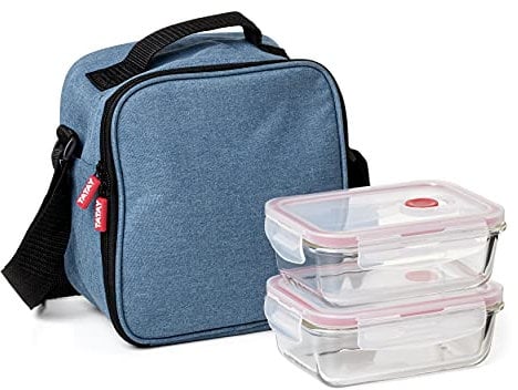 TATAY Urban Food Casual - Bolsa Térmica Porta Alimentos, 3L de Capacidad, 2 Tuppers Herméticas de Cristal de 0.57 l Incluídas, Color Denim Blue, 22 x 12 x 21.5 cm, 3.5 Litros