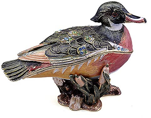 Enameled Pewter Bejeweled Large Wood Duck Trinket Box Ring Holder