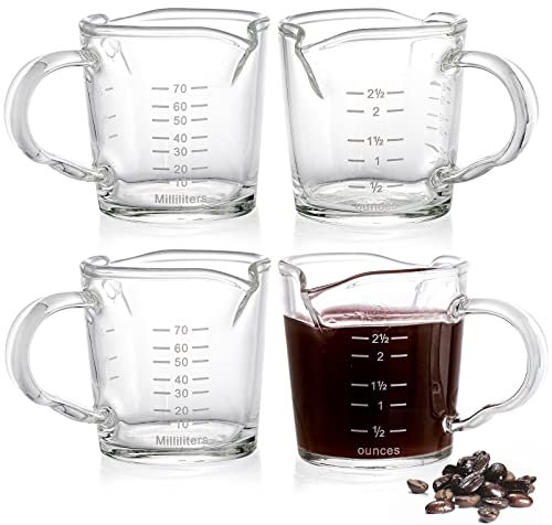 Hacaroa 4 Pack Double Spouts Measuring Cups Espresso Shot Glass with Handle, 70 ml Mini Milk Triple Pitcher Barista Clear Graduated Cups for Coffee, Wine, Bar, Party