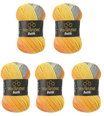 Wollbiene Batik 5030 5 ovillos de 100 g, 500 gramos, multicolor con degradado, multicolor (5030, gris, naranja y amarillo)