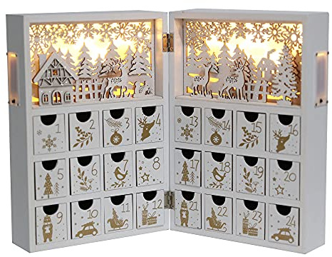 PIONEER-EFFORT Christmas Wooden Advent Calendar Book with LEDs White & Gold Christmas Reindeer Countdown Holiday Gifts with 24 Drawers Adults Kids Home Decoration (White&Gold,with light)