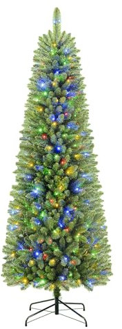 SHareconn 6FT Artificial Slim Pencil Christmas Tree, Pencil Xmas Tree With 635 Branches Tips, 240 Warm White & Multicolor Lights and Foldable Metal Stand, Christmas Decorations for Home, Green