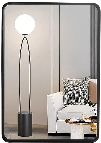 Wandspiegel tiefer Metallrahmen,60x90 cm Rechteck Rahmen, zeitgenössisch, gebürstetes Glasscheibe tiefes Design Badezimmerspiegel mit für Wand montiert Schwarz