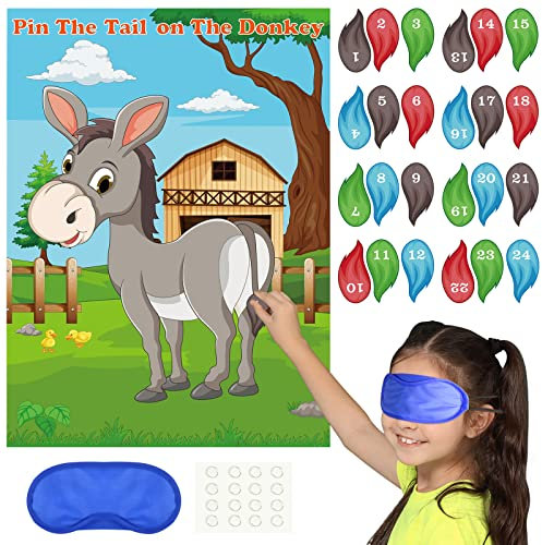PLULON Esel-Steck-den-Schwanz-Spiel Stecken Sie dem Esel den Schwanz Kinder Esel-Geburtstagsparty-Spiele Esel-Poster Schwanzaufklebern Kinder Bauernhoftiere Esel Partygeschenke Wanddekoration Zuhause