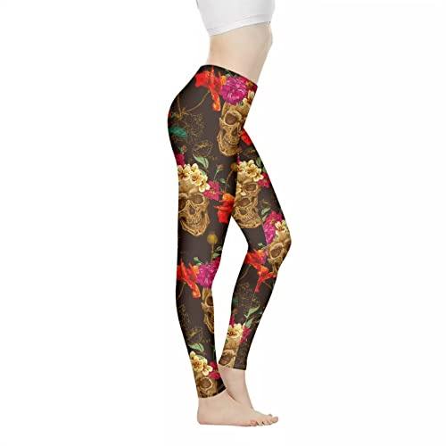 Biyejit Rose Sugar Skull Print Women's Yoga Pants High Waisted Tummy Control Leggings Ladies Gym Workout Leggings Halloween Trousers