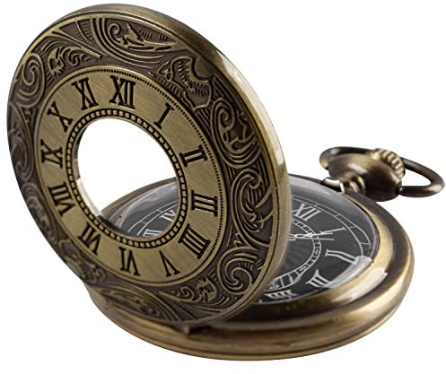 Tiong Vintage römische Ziffern Quarz Steampunk Taschenuhr mit Kette für Männer Geburtstag Weihnachten Geschenke, Bronze-Schwarz 2, Vintage-Stil