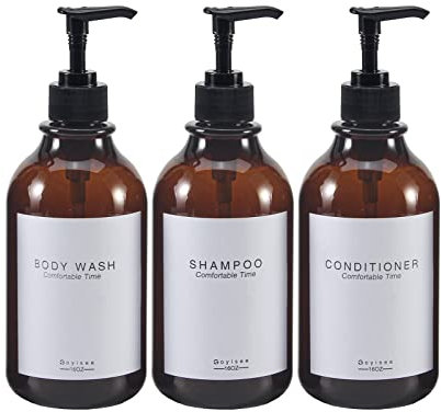 GOYISEE Douche Mur 3 Chambre shampooing et revitalisant Distributeur, Bouteille Rechargeable de shampooing et revitalisant avec étiquette imperméable à l'eau (3 Bouteilles Brunes)