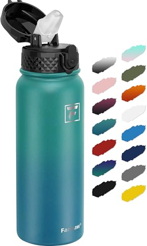 Fanhaw 600ml Stainless Steel Insulated Sports Water Bottles with Straw for Kids, Men and Women(Green Blue)
