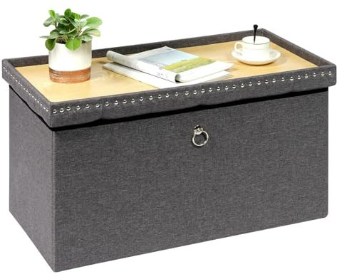Bonlife Folding Ottoman Storage Bench,Coffee Table with Tray,Large Footstool for Living Room,Footrest Stool,Grey,Linen,80X40X40CM
