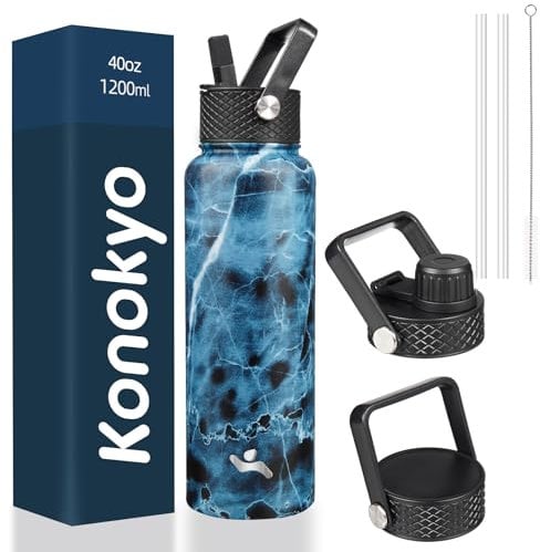 Konokyo Insulated Water Bottle with Straw,40oz 3 Lids Metal Bottles Stainless Steel Water Flask,Marble Ocean