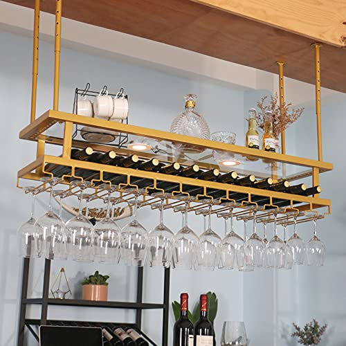 NileMAll Portabottiglie sospeso con luci, portabicchieri e mensola, portabottiglie Regolabile in Metallo per Bar a soffitto, portabottiglie Industriale a soffitto a 2 Strati, mensola per Vino