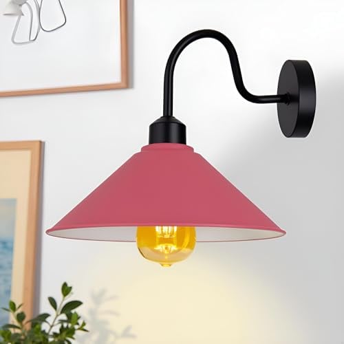 LEDSone Vintage-Wandleuchte, Vintage-Wandlampe, E27-Sockel, Schraubsockel, industrielle Wandmontage, Schwanenhals, kegelförmiger Schirm, Wandleuchte [Energieklasse A] (Black) (Rosa)