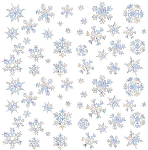 64 Stück Regenbogen-Schneeflocken-Fensteraufkleber, nicht klebend, wiederverwendbar, Winter-Schneeflocke, Fensteraufkleber, Regenbogen-Anti-Kollisions-Fensteraufkleber, um Vögel vor Fensterkollisionen
