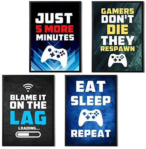 Boys Bedroom Video Gaming Theme Wall Art Print Inspirational Quotes, Funny Set of 4 Stylish Design Gaming Poster For Kids Boys Room (A4 (29.7cm x 21cm)) (Set 1, A3 Black Framed)
