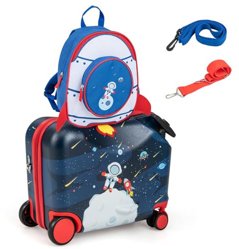 COSTWAY 2tlg Kinderkoffer + Rucksack, 12+18 Kindertrolley mit Rollen und wasserdichter Hartschale, Kindergepäck, Rollkoffer mit Rucksack für Jungen und Mädchen (Astronauten)