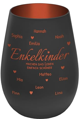 Windlicht mit Gravur ''Enkelkinder'' - personalisierbar mit Namen und Spruch - Schwarz/Kupfer - Höhe 12 cm - Teelichthalter Kerzenhalter Vornamen Enkel