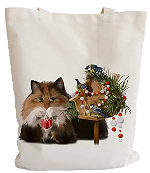 Jutebeutel Vogel Weihnachtskatze Tote Bag Baumwolle und Hanf Stoffbeutel Große Kapazität Stofftasche Faltbar Jutetasche Langlebig Baumwolltasche Bedruckt Stoffbeutel zum Bemalen Waschbar 30x40cm/1 Pcs