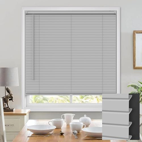 UNISHADES 100% Privacy Cordless Mini Blinds for Indoor Windows 1 Vinyl L-Shaped Blades Horizontal Blinds & Shades, Pull Down Small Window Blinds for Home Kitchen, for Window 35.5 W × 64 H Grey