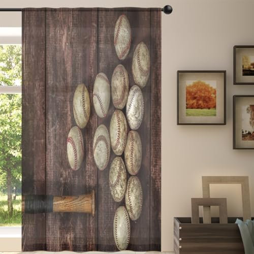 Durchsichtiger Vorhang, 139 x 213 cm, Altholz, Vintage, Baseball, durchsichtig, Fenster-Voile-Vorhänge für Wohnzimmer, Schlafzimmer, Küche, Esszimmer, Dekor