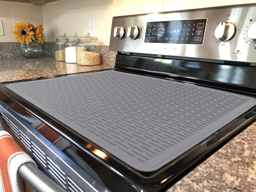 Yuhfera Silicone Electric Stove Cover Mat - 30 x 21 Gray Ceramic Stove Top Protector, Glass Cooktop Cover, Flat RV Range Stovetop Protector, Extra Large Silicone Dish Drying Mat