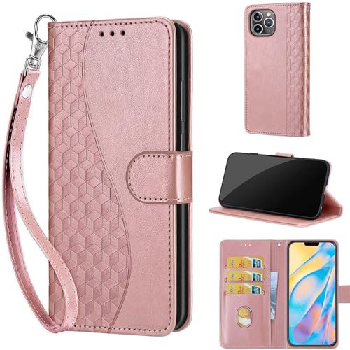 KENHONER Phone Case for iPhone 12 Pro Max Case, Protective Phone Case with Card Slots Kickstand Magnetic Closure Shockproof Phone Case compatible iPhone 12 Pro Max Cube-Rose Gold