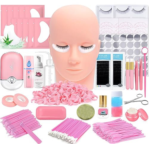 DNSGOOR Lash Extension Kit Professional Eyelash Extensions Supplies Training for Beginners Mannequin Head Grafting Lash USB Fan Lash Shampoo Brush Spraye 0.07D Curl Mix 8-15mm Practice Eyelash Strips