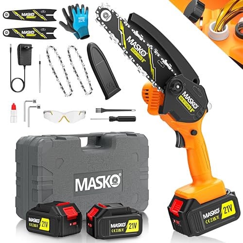 MASKO® Mini Kettensäge 800W, 8 Zoll, 8000mAh Akku | Elektrische Motorsäge mit Automatischem Ölsystem | Handkettensäge für Astschnitte & Holzarbeiten | Inkl. Koffer, 2x 4000mAh Akkus & 2x Ersatzketten