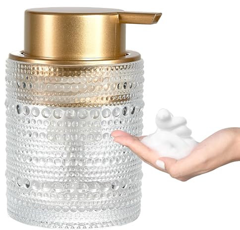 MKLZ Schaumseifenspender aus Glas mit goldener Pumpe, transparent, nachfüllbar, flüssige Handseifenflaschen für Badezimmer, niedlicher dekorativer Lotionbehälter für Spülseife, Handseife, 340 ml