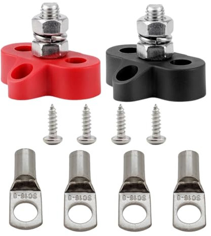 2pcs Positive (Red) & Negative (Black) M8 Heavy Duty Terminal Bus Blocks & Crimp Terminals for Battery Power Distribution 12V - 48V DC 5/16 Inch Junction Post Single Studs Insulated for Auto Car Boat