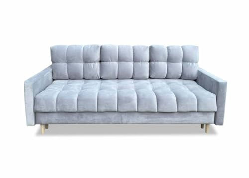 Meble Ares Stilvolles Sofa 3-Sitzer Rocco Mit Schlaffunktion Und Bettkasten - Praktisches Ausziehbares Schlafsofa Mit Gesteppten Seiten - Holzbeine, Velours - Grau