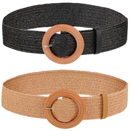 Mikovivi 2pcs Ceinture Tressée Femme, Ceinture Tissée Élastique en Paille Ceintures de Robe d'Été Bohème Ceinture Tressée Large avec Boucle Ronde pour Femmes Filles (Noir, Camel Clair)