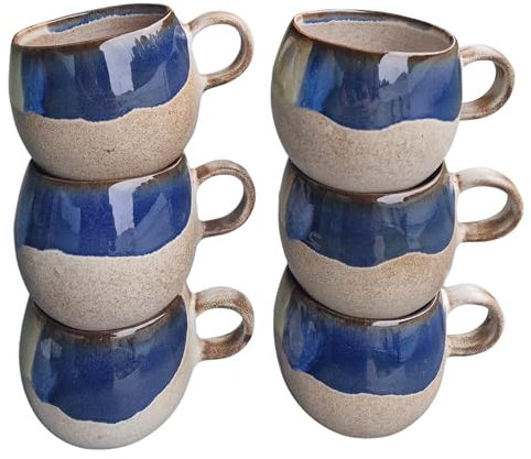 PintoCer - 6 tazze con manico, in ceramica di gres, ideali per caffè, latte, tè e cioccolato, adatte per lavastoviglie e forno a microonde