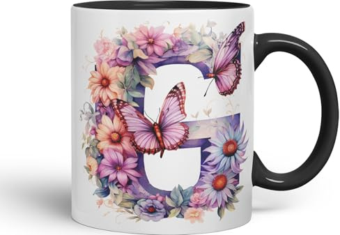 Vixar Tazza con lettera G, fiori floreali e farfalla, lettera G, monogramma, in ceramica, colorata, per tè, caffè, hot brew, 330 ml, regalo (nero)