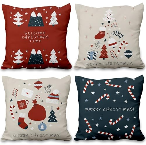 ggaimwf Weihnachtskissenbezüge 60x60cm Rot Beige Winterfest Kissenbezüge für Sofa Bett Feines Leinenoptik Weihnachtskissenbezug mit verstecktem Reißverschluss Saisonale Akzentkissenbezüge 4er-Set