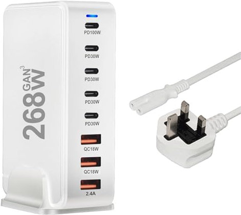 268W 8-Port USB C Muti Fast Black Charger, GaN Fast Charging Station,Laptop Black Charger Replacement for Dell Chromebook 3100 2 in 1 0 White