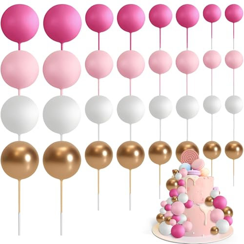 OEEYYT 32 Stück Tortendeko Kugeln Cake Topper Geburtstag Mini Kuchen Deko für Hochzeit Party Torten Deko (Rosa Weiß gold)