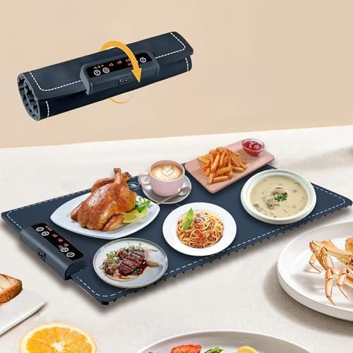 CHEERLINK Warmhalteplatte für Speisen, Speisenwärmer Ganzflächige, 3 Einstellbarer Temperatur,Tragbare und Faltbare Heizplatte für das Erwärmen von Lebensmitteln/Geschirr/Tee/Milch oder Auftauen
