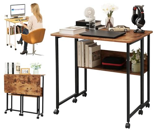 TYGYSDO Klappbarer Schreibtisch 80cm – Faltbarer Computertisch mit Rollen, platzsparend, ideal für Büro und kleine Räume – Klapptisch für Flexibles Arbeiten (80 * 58 * 75cm) (Vintage Kaffee)