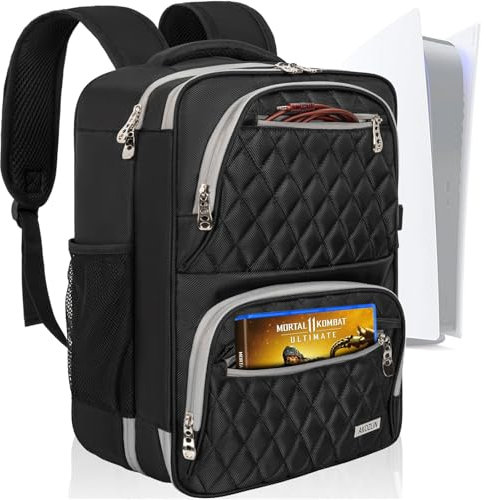 AKOZLIN Travel Bag Backpack Compatible with PlayStation 5/4 /PS5/PS4/PS4 Pro/PS4 Slim/Xbox One XS Gaming Console Carrying Case with Pockets for Phone , Headset,Console Base and Accessories,Black