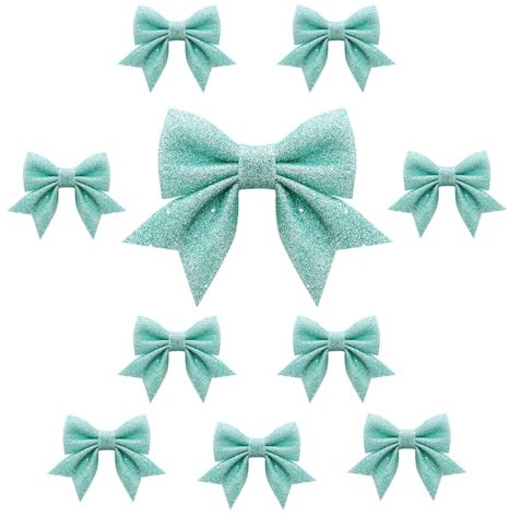TOPWAYS 10PCS Christmas Bows, Green Sequin Bow Ties, Xmas Decorative Ornaments for Home Christmas Party 6.7in