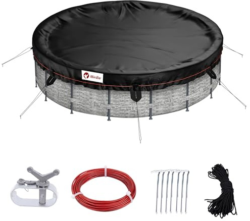 iBirdie Winter-Poolabdeckung für 16, 15, 14 Fuß Aufstellbecken Rund Pools, für lichtbeständige, reißfeste, wasserdichte und wetterfeste Außenpool-Schutz, Schwarz, Stoff 500D