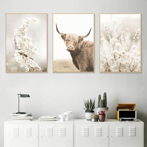 3 Stück Poster Set, Natürliche Landschaften Kuh Kunst Premium Poster, Modern Wanddeko für Wandbilder Wohnzimmer Schlafzimmer Küche Esszimmer und Badezimmer, Ohne Rahmen (50 x 70 cm,Kunst)