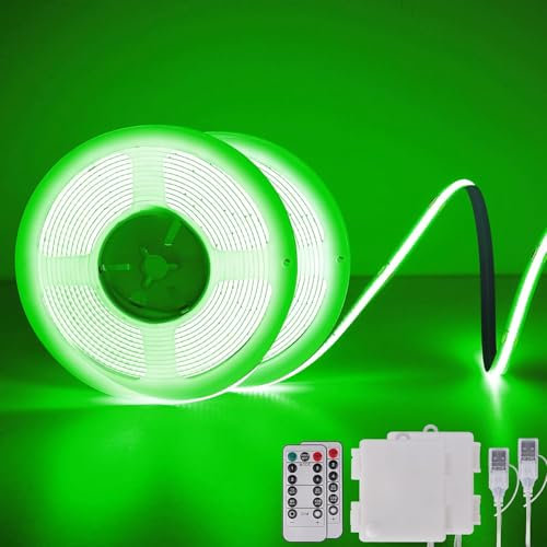 COB LED Strip Lights, Battery Operated with Remote Control, 2 m 640 LED Light Strip, Dimmable, Cuttable, Flexible LED Strip Light for TV, Computer, Car Decoration, Green, Pack of 2