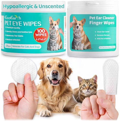 EcoEarth Premium 100 Pcs Eye Wipes & 50 Pcs Ear Cleaner Wipes for Dogs & Cats - Pet Eyes & Ear Cleaning Finger Pads - Pre-Soaked & Disposable Wipes for Tear Stains, Wax & Dirt Removal