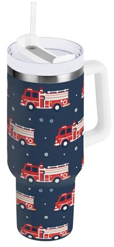 OWFKAY 40oz Isolierte Kaffee Tumbler Mit Deckel Stroh Wasser Flasche Edelstahl Tumbler Männer Frauen Rot Feuerwehrautos Mit Schneeflocken Muster