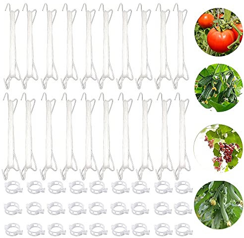20 Stück Tomatenhaken &10m Schnur, 100 Stück Pflanzenclips, Gurken Tomaten Rankhilfe, Gewächshaus Zubehör,Pflanzenstütze, Rankhilfen für Kletterpflanzen, Garten Zubehör