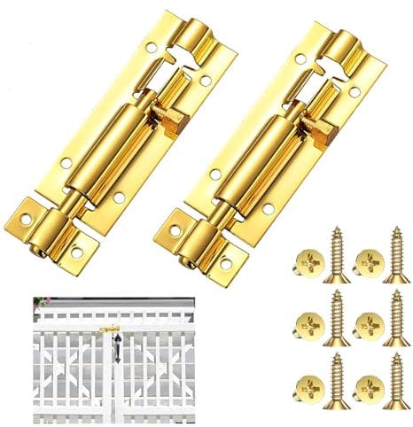 2 Pack Brass Bolt Lock Door Bolts 3 Inch,Door Security Slide Latch with Stainless Steel Screws Tower Bolt Lock for Internal Doors Bathroom Shed Fence Cabinets Windows (Gold)