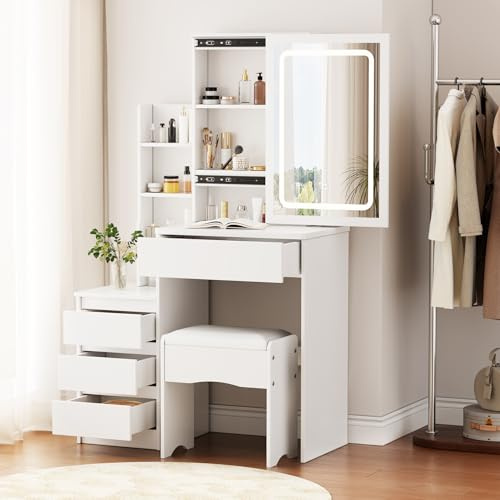 ZBAUK Dressing Table with LED Lighting Mirror, 3 Lighting Modes Adjustable Brightness,Vanity Table,Makeup Desk with 4 Drawers and 3 Storage Shelves, Modern White