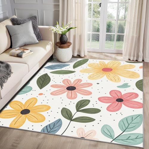 MMYAOKEN Blumen Teppich Wohnzimmer 80x150 Mädchen Cartoon Gänseblümchen Deko, Teppich Kurzflor, Weich rutschfest Waschbare Teppiche, Fußmatte Bettvorleger Schlafzimmer Kinderzimmer